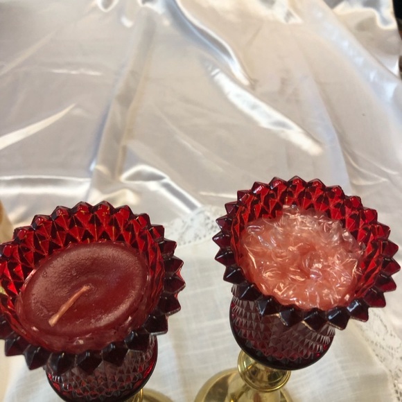 Vintage Set of Brass Candleholders and Ruby Red Votives - Picture 5 of 10